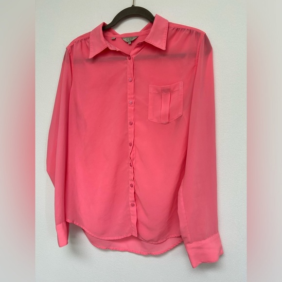 Guess Hot Pink Sheer Button Up Blouse Womens size L Large​ - Picture 1 of 7
